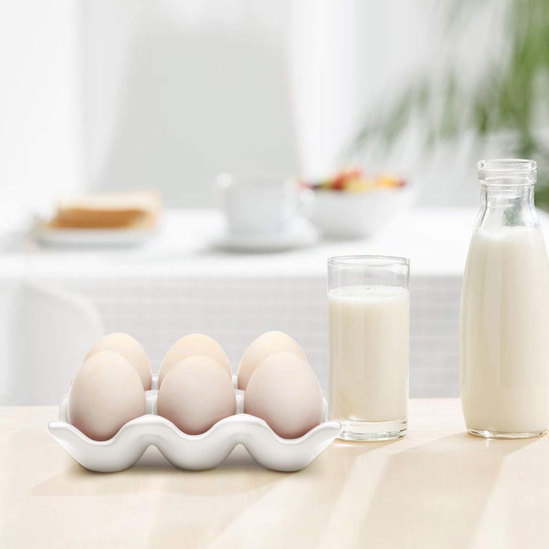 Flexzion Ceramic Egg Holder for Fridge - 6 Cups Egg Tray Half Dozen Porcelain Container Keeper Storage Organizer Decorative Serving Dish Serveware for Refrigerator Countertop Display Kitchen (White) - Image 4
